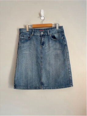 Vtg Y2K SMART SET Blue Denim Low Rise A-Line Skirt with Floral Embroidery Size 7